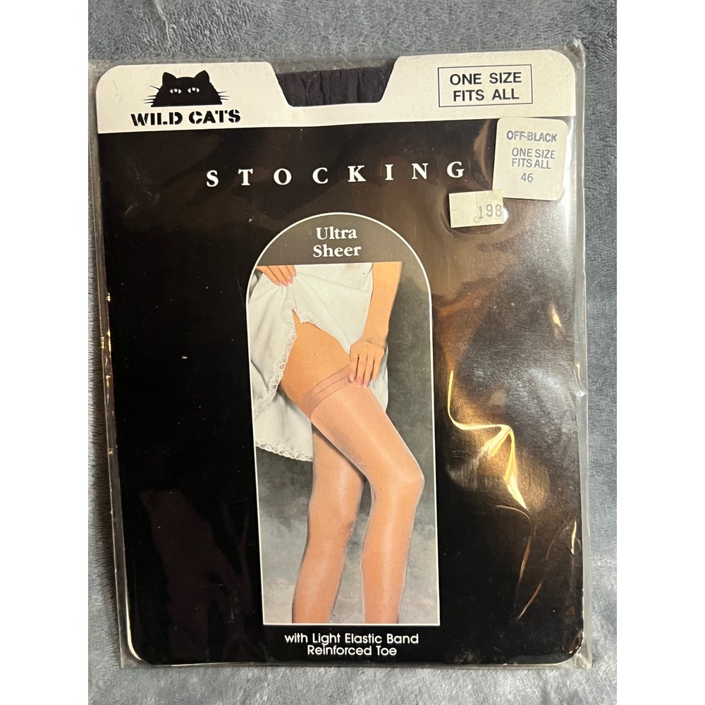 Vintage‎ Wild Cats Stockings Off Black Ultra Sheer Thigh High One Size NOS